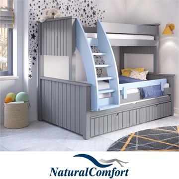 מיטת קומותיים רחבה כולל מיטה אמצעית ברוחב 120 מיטה ל 3 ילדים מעץ מלא כולל שלושה מזרנים מתנה דגם פסים וחצי